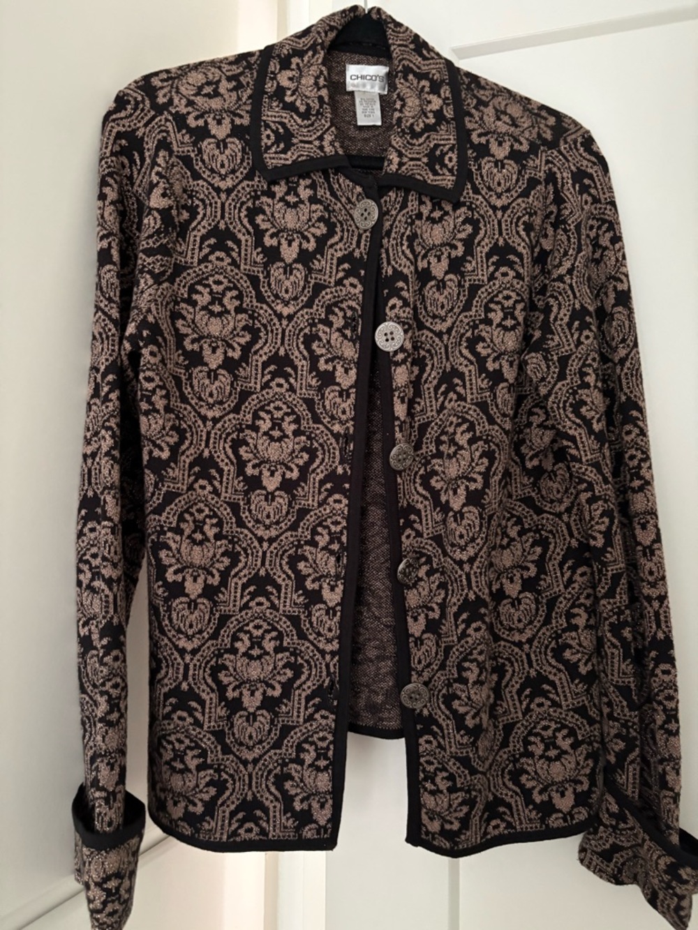 Chico's Patterned Button-Up Cardigan Jacket — Black & Taupe with Gold Threads